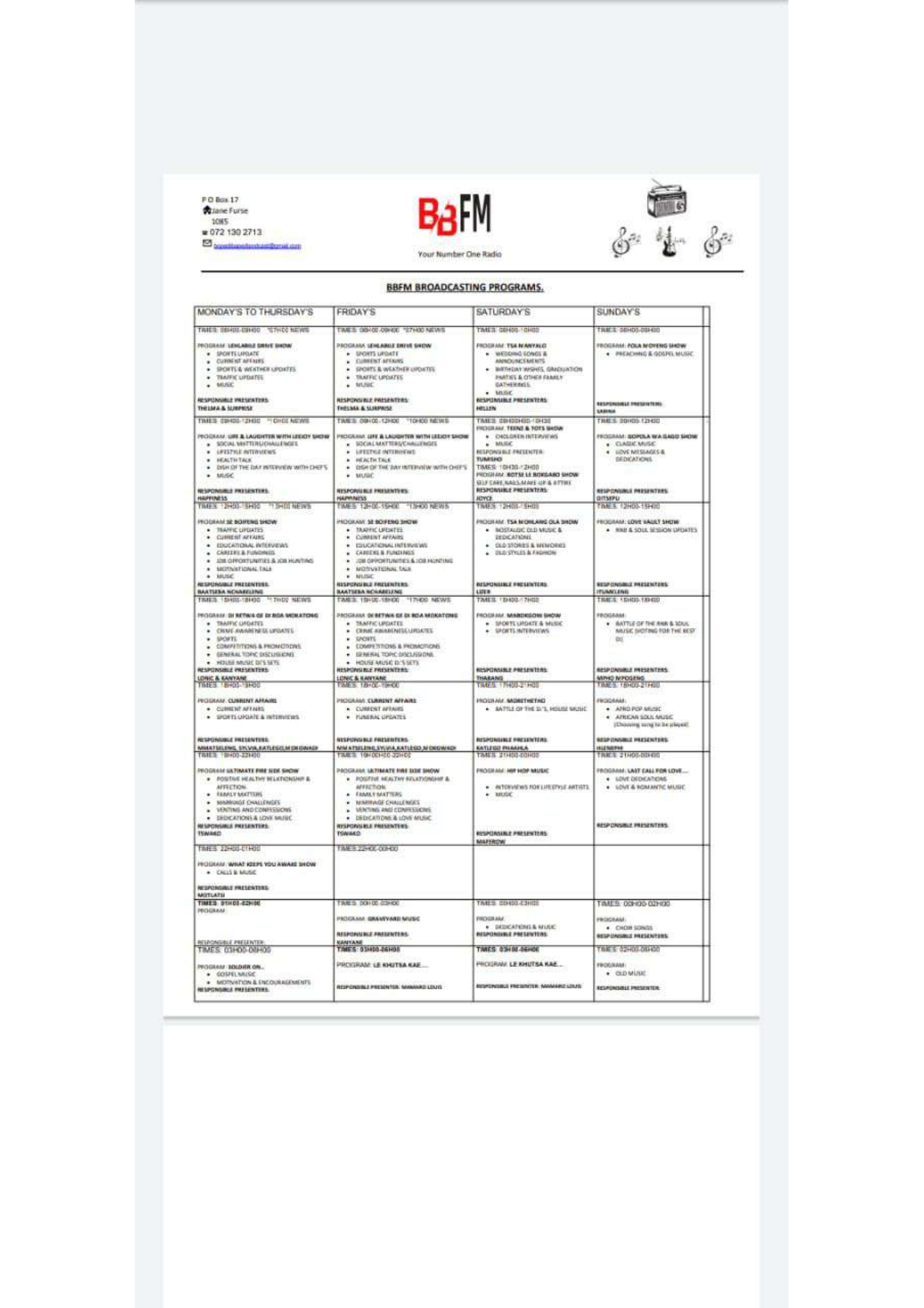 BBFM weekly programme schedule from supplied station document